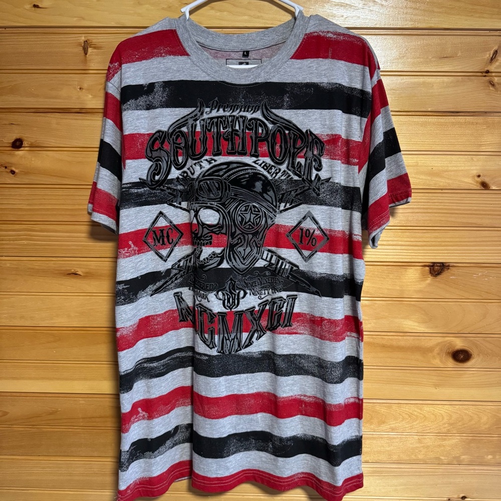 South Pole Skull Motorcycle Helmet Red Black Grey Striped T-Shirt Size Large